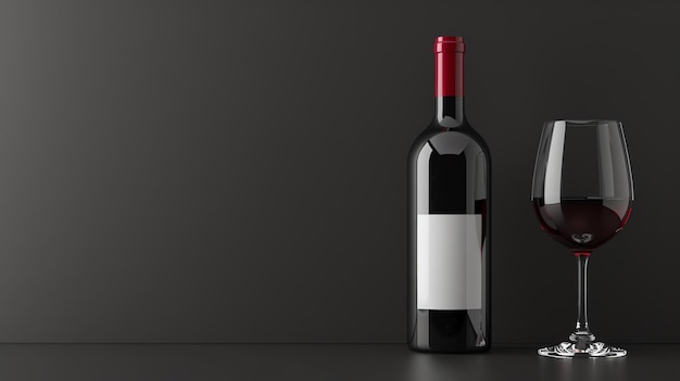 Une bouteille de vin rouge et un verre de vin sur un fond noir La bouteille a une étiquette blanche Le verre de vin est à moitié plein de vin rouge
