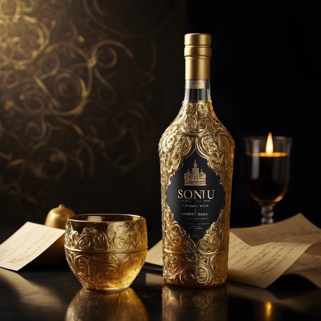 Une bouteille de vin royale, une bouteille d'or sur la table, avec une texture de tourbillon royal.