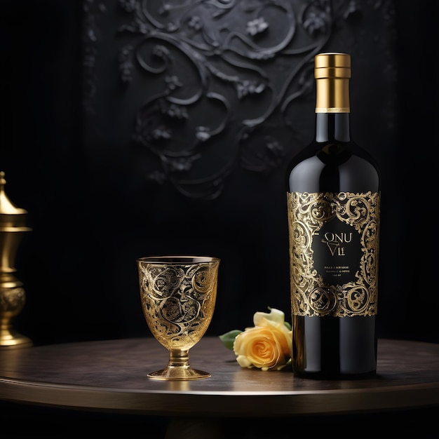 Une bouteille de vin royale, une bouteille d'or sur la table, avec une texture de tourbillon royal.