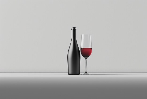 une bouteille de vin et un verre posés sur une surface blanche