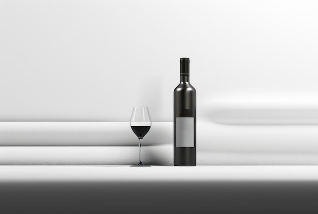 une bouteille de vin et un verre posés sur une surface blanche