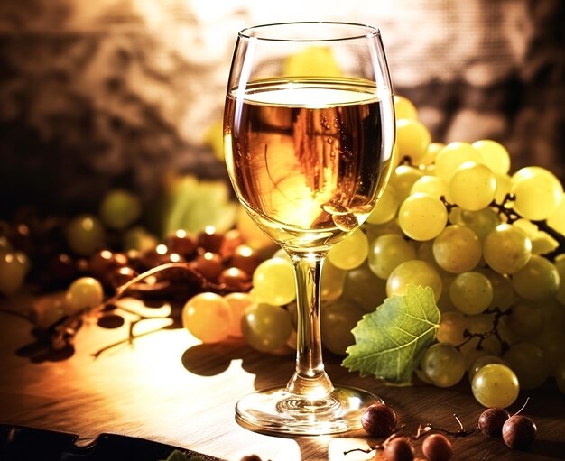 Bouteille de vin et verre de vin blanc avec des raisins sur une table en bois