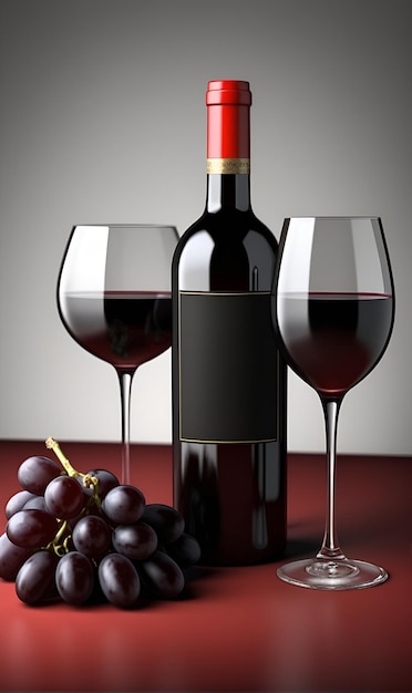 Une bouteille de vin et un verre de vin à côté d'un bouquet de raisins