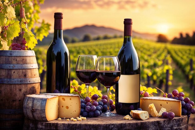 Bouteille de vin verre de vin fromage assorti et raisins dans le vignoble au coucher du soleil IA générative