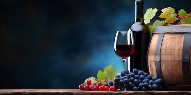 Bouteille de vin avec verre à vin rouge et raisins sur un vieux tonneau en bois devant blu Generative AI