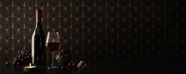 Photo bouteille de vin et verre de vin rouge avec raisins