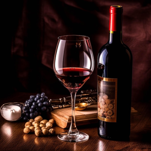 Photo bouteille de vin et verre de vin rouge sur une table en bois