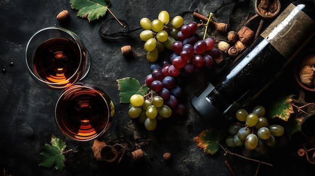 Une bouteille de vin et un verre de vin sur une table avec une grappe de raisin.