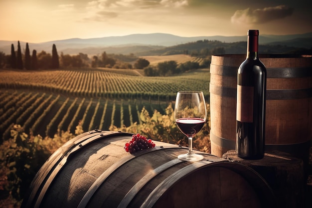 Une bouteille de vin et un verre de vin sur tonneau.