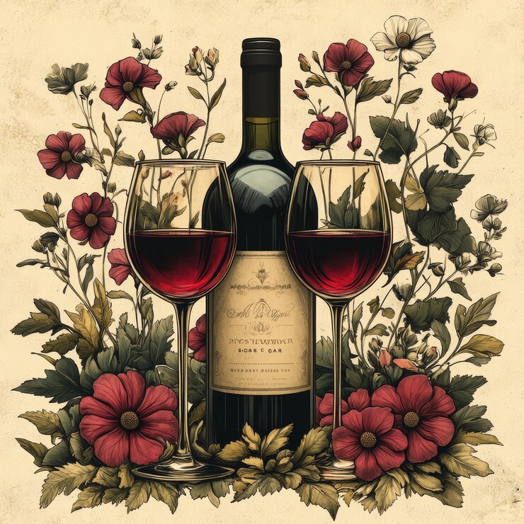 Photo bouteille de vin et verres avec des fleurs et des feuilles de vin rouge