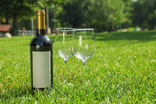 Bouteille de vin et verres sur l'herbe verte