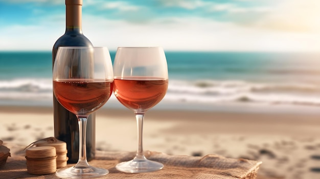 bouteille de vin et verres sur la plage