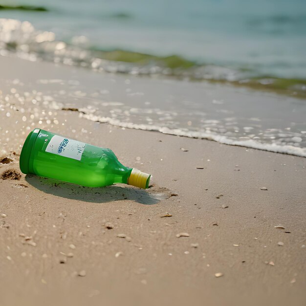 Photo une bouteille de vin verte sur la plage