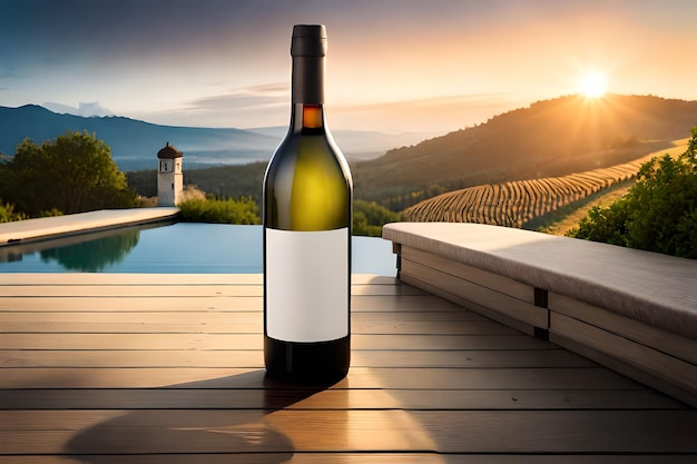 Une bouteille de vin avec vue sur le vignoble en arrière-plan