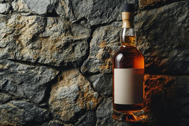 une bouteille de whisky assise au sommet d'un mur de pierre