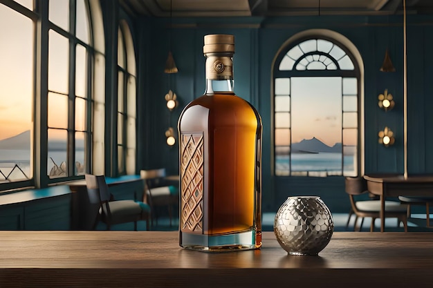 Une bouteille de whisky avec une balle de golf sur le côté