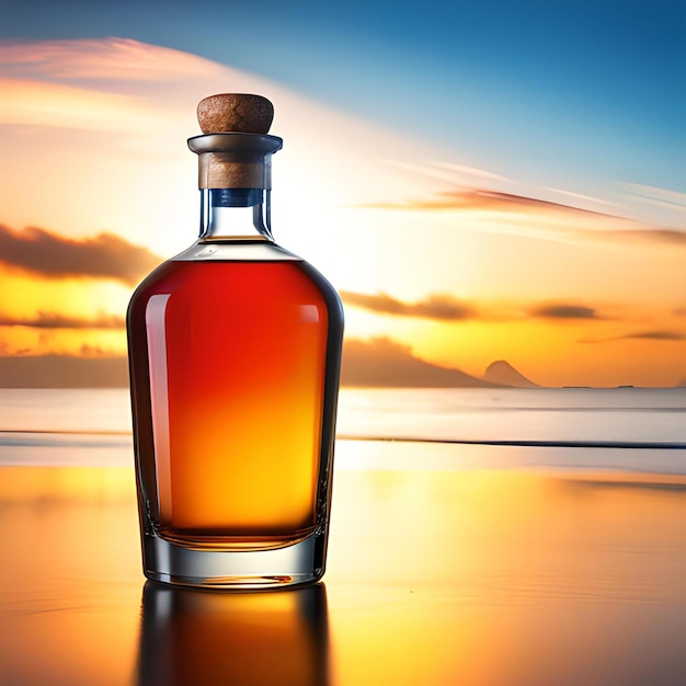 Une bouteille de whisky est posée sur une table avec un coucher de soleil en arrière-plan.