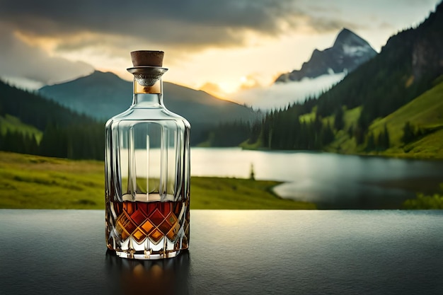 Une bouteille de whisky avec un paysage de montagne en arrière-plan