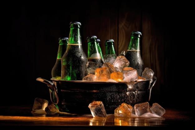 Bouteilles de bière dans un seau à glace avec condensation créée avec une IA générative