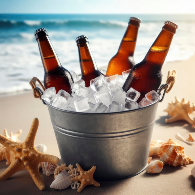 bouteilles de bière dans un seau à glace sur la plage générative ai