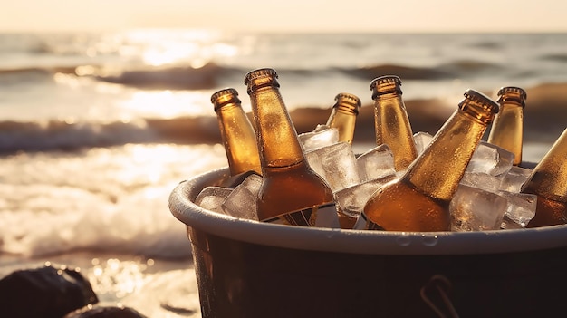 Bouteilles de bière fraîche fraîche sur le fond de la mer