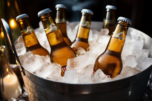 Des bouteilles de bière refroidies reposent dans un seau rempli de glace, promettant des gorgées froides et délicieuses.