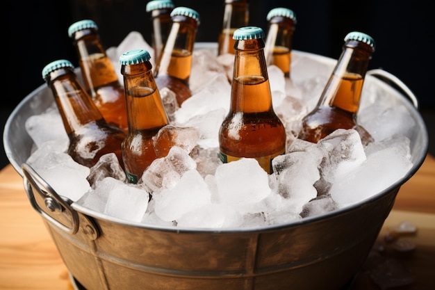 Les bouteilles de bière se refroidissent à l'intérieur d'un seau couvert de glace pour une fraîcheur rafraîchissante.