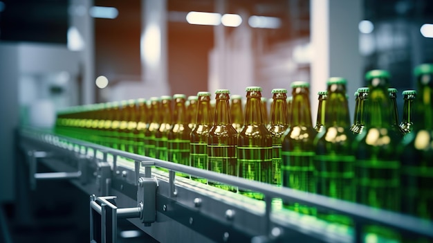 Bouteilles de bière sur un tapis roulant dans une usine Production de boissons à la bière