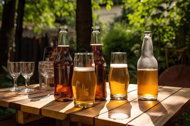 Bouteilles de bière et verres sur une table en bois dans un jardin d'été créé avec une IA générative