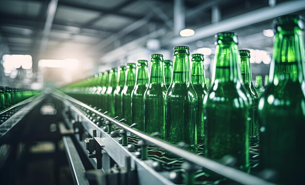 Bouteilles de bière vertes sur le fond de la ligne de production de l'usine