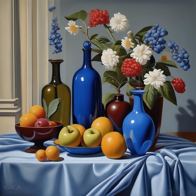 des bouteilles bleues des fruits et des fleurs sur la table style de la vie morte par catherine abel par stephen gibb