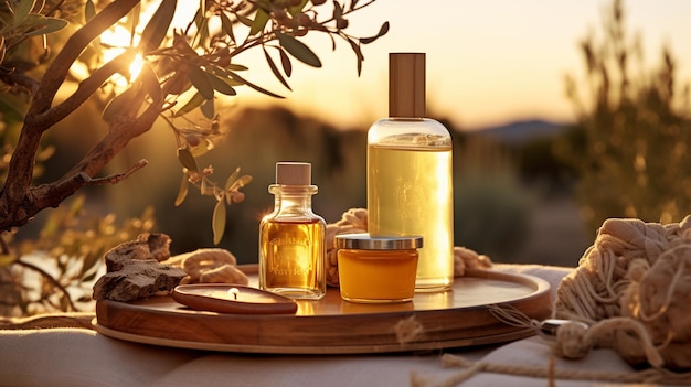 Bouteilles De Bouteille En Verre D'huile Essentielle Et Verre De Fleurs De  Lavande Fraîches Sur Une Table En Bois Dans Le Jardin