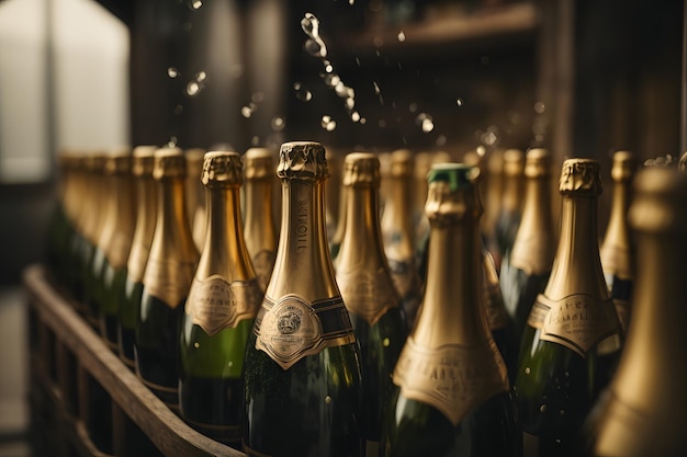 Photo des bouteilles de champagne qui tournent pendant la fermentation de près