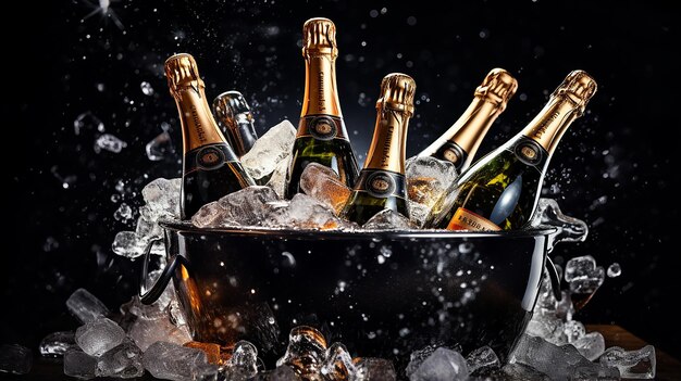 Des bouteilles de champagne trempées dans un seau de glace Concept 3D