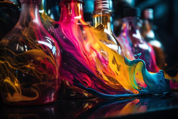 Bouteilles colorées d'alcool avec un fond noir