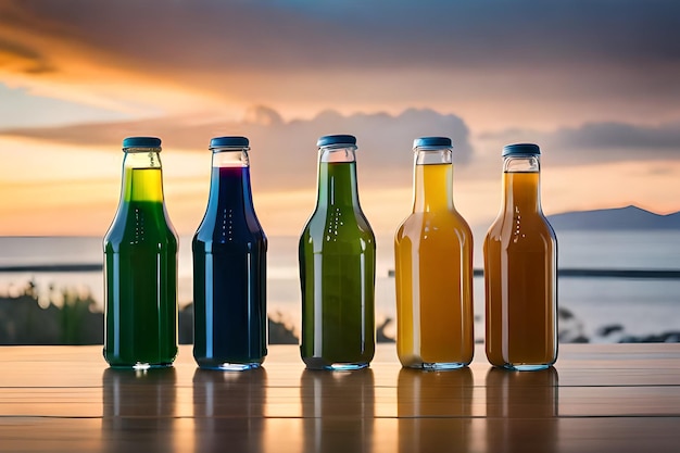 Des bouteilles colorées de différentes couleurs sont alignées sur une table.