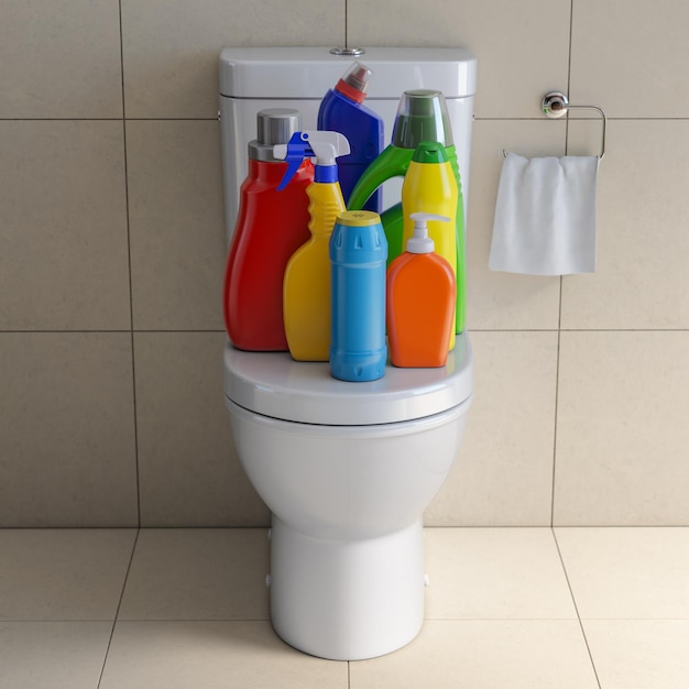 Bouteilles et conteneurs de détergent Produits de nettoyage dans les toilettes, salle de bains, fond intérieur des toilettes, concept de service de nettoyage à domicile