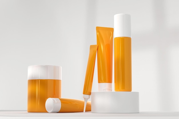 Bouteilles de crème solaire sur le podium rendu 3d Lotion de soins de la peau beauté crème cosmétique maquette de tubes et pots orange vierges avec couvercles blancs sur fond de studio minimal pour les produits cosmétiques de présentation des annonces de produits