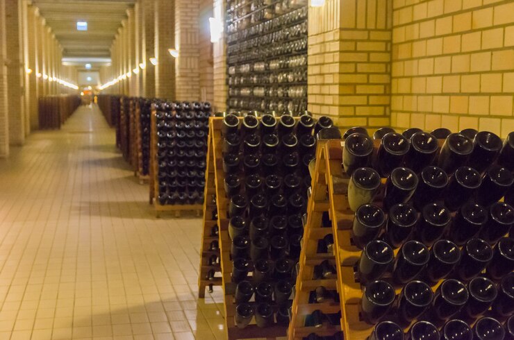 Photo bouteilles dans les pupitres pour que les levures s'accumulent dans le goulot de la bouteille