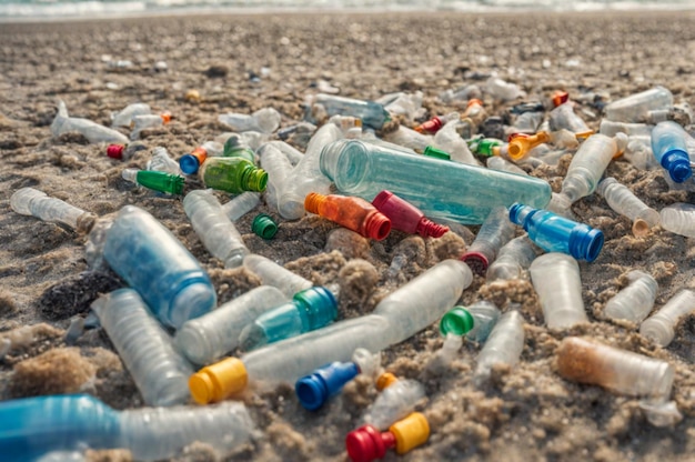 Bouteilles et déchets en plastique échoués sur une plage Pollution marine par microplastique IA générative