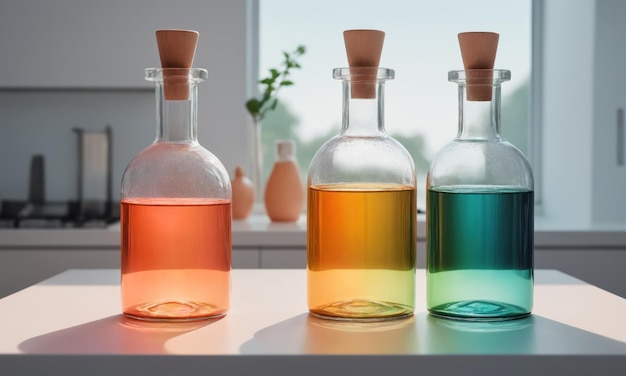 Photo bouteilles avec du liquide coloré sur la table en laboratoire