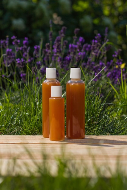 Des bouteilles avec du shampoing se tiennent dans le jardin. Herbe à l'arrière et à l'avant.