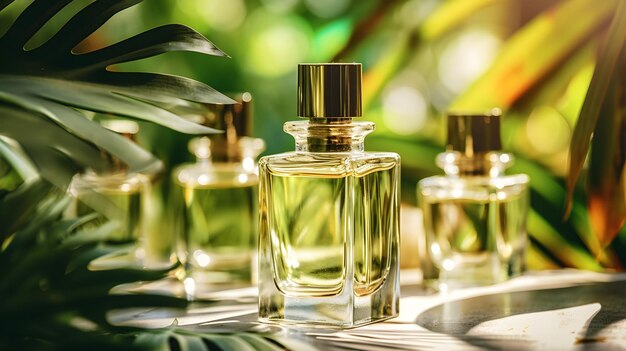 Photo bouteilles et flacons de parfums essences arômes éclaboussures et fleurs tropicales concept de l'industrie du parfum