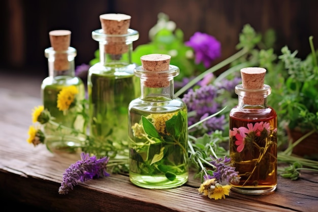 Bouteilles d'huile essentielle avec des herbes et des fleurs fraîches