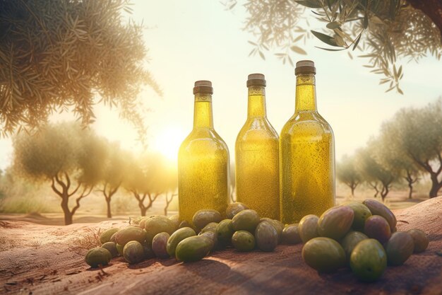 Bouteilles d'huile d'olive dorées Generate Ai