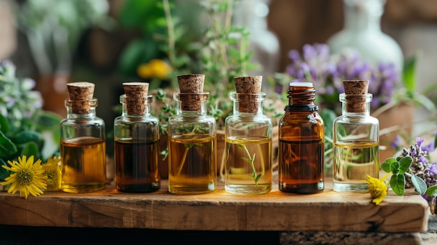 bouteilles d'huiles essentielles disposées sur un plateau des herbes fraîches en arrière-plan diffusant des parfums naturels