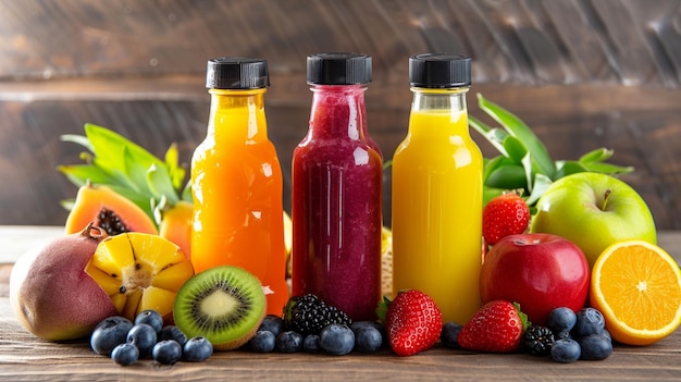 bouteilles de jus de fruits et de smoothie avec des fruits frais sur une table en bois
