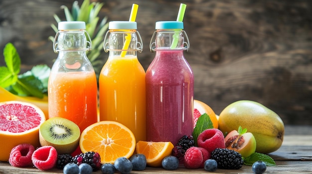 bouteilles de jus de fruits et de smoothie avec des fruits frais sur une table en bois