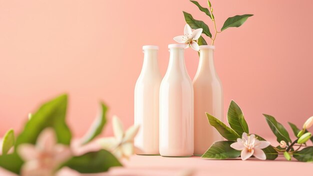 Photo bouteilles de lait biologique frais avec une fleur sur fond pastel