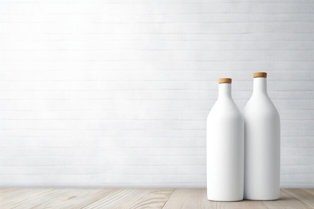 Des bouteilles de lait blanches sur une table en bois.